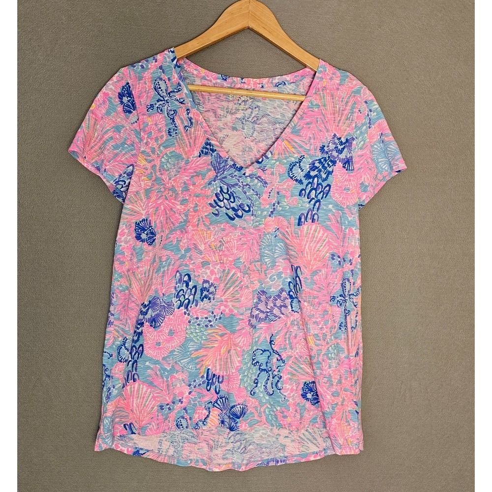 Lilly Pulitzer VNeck Tee Top Womens M Pink Blue 100% Cotton Lightweight‎ Coastal